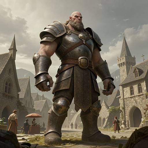 CGI fantasy scene: muscular bearded man in medieval armor stands confidently in a sunlit, stone village with Gothic-style buildings and people in the background