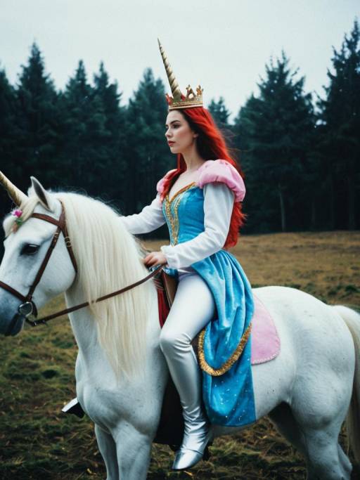 Woman in Princess Unicorn Costume on White Horse