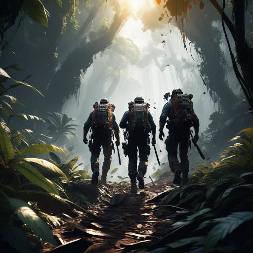 Explorers in a Dramatic Jungle Scene