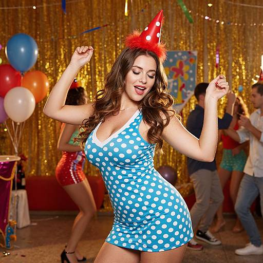 Photograph of a smiling brunette woman in a blue polka dot dress and red party hat dancing at a festive party.