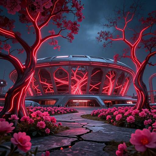 Neon-Lit Skeletal Trees by Futuristic Stadium