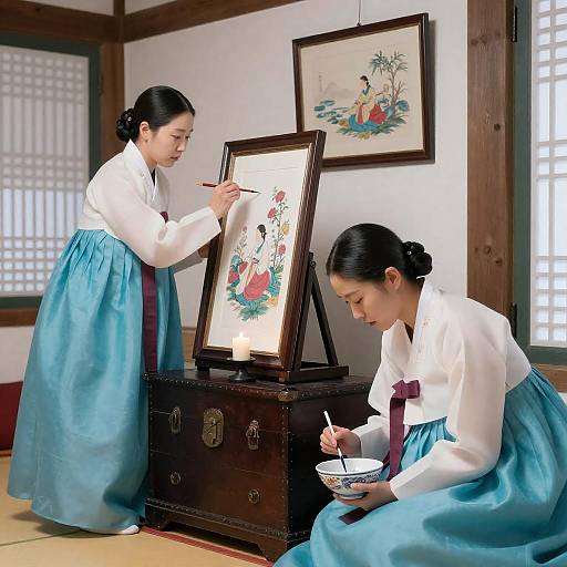 Two Women Painting in Traditional Korean Hanbok