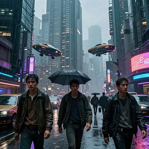 Photograph of three wet-haired men walking on a rainy New York City street at night, neon lights, flying taxis, and umbrellas.