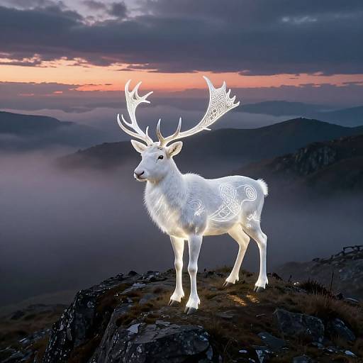 Digital art of a glowing white deer with intricate patterns, standing on a rocky mountain peak at sunset, surrounded by misty clouds and dark, rolling hills