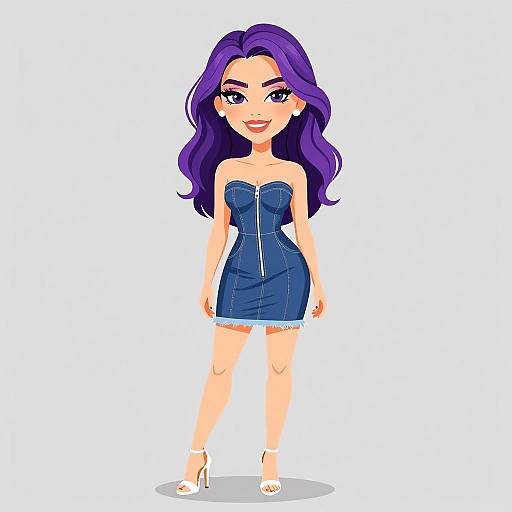 Digital cartoon of a smiling woman with long purple hair, wearing a blue strapless denim dress and white high heels, standing against a plain white background.