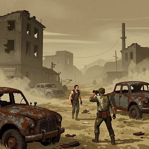 Digital illustration of a post-apocalyptic scene: two soldiers in camouflage, one with a rifle, the other with a camera, stand amidst rusted,