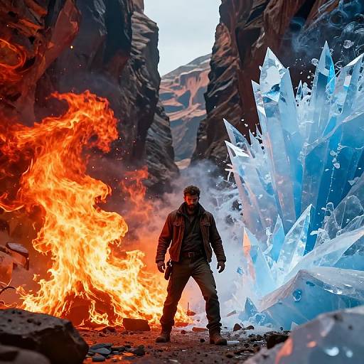 Photorealistic digital art: rugged man in dark jacket stands between fiery orange blaze and radiant blue ice crystals in rocky canyon.