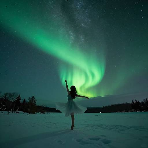 Silhouetted girl in a flowing dress dances under vibrant green Northern Lights, starry night sky, snowy landscape, and dark treeline horizon.