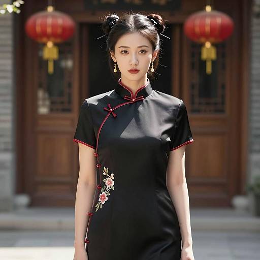 Asian Woman in Black Qipao with Double Bun Hairstyle