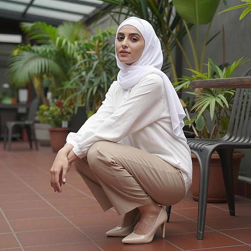 Elegant Woman in White Hijab Crouching
