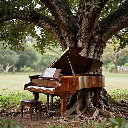 Photograph of a polished wooden grand piano with an open lid, seated beside a sturdy tree, in a sunlit, grassy park. Music sheet