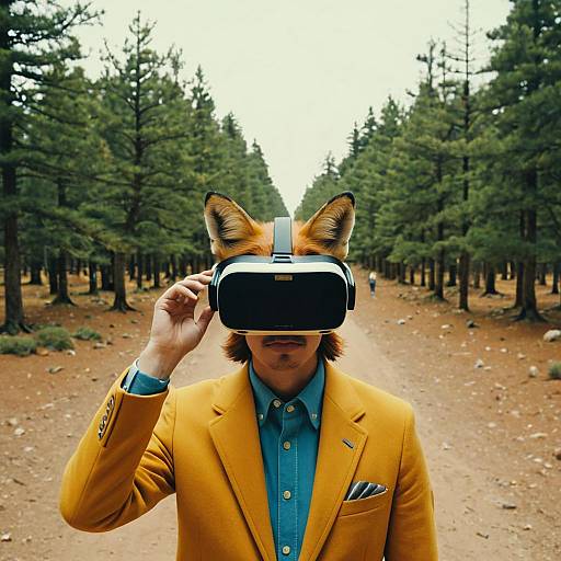 Man with Fox Ears Wearing Virtual Reality Headset in Forest