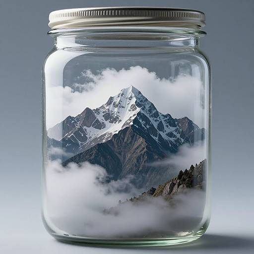 Photograph of a clear glass mason jar containing a snowy mountain peak with clouds partially covering the lower slopes.