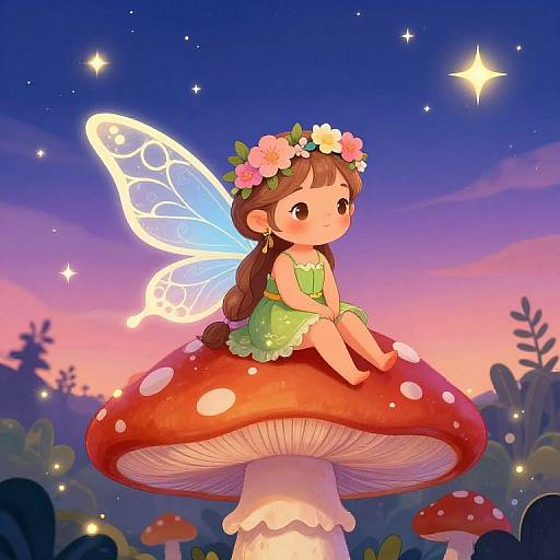 Cute anime-style fairy girl with flower crown and glowing blue wings sits on a giant red mushroom at twilight.