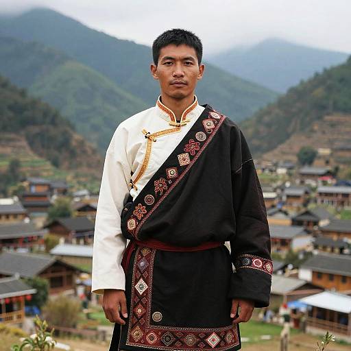 Photograph of a young Asian man in traditional black and white Tibetan clothing with intricate red and gold patterns, standing in a mountain village with green hills and