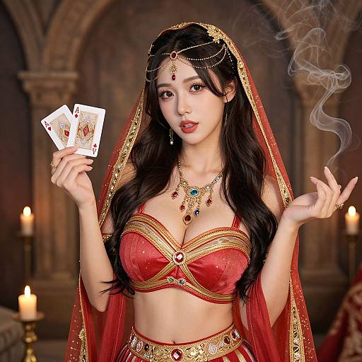 Digital illustration of an attractive, fair-skinned woman with long black hair, wearing a red and gold harem outfit, veil, and jewelry, holding