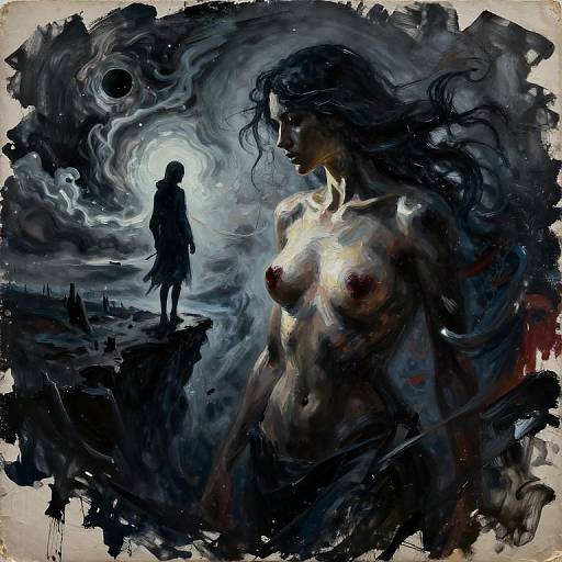 Dark, abstract digital painting of a topless, shadowy woman with large breasts beside a silhouetted figure on a stormy, swirling landscape