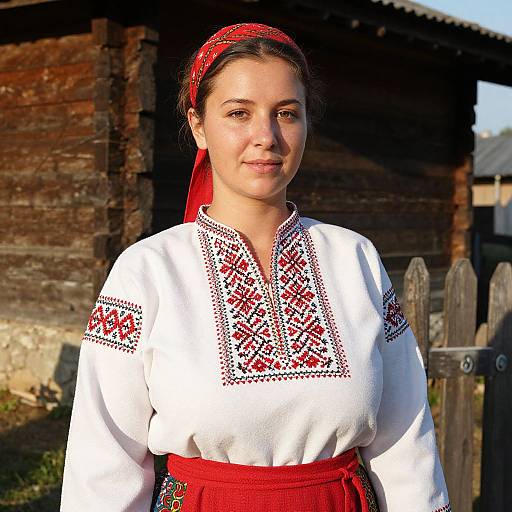 Photograph of a young woman with fair skin and dark hair, wearing a red headscarf, white embroidered blouse, and red skirt, standing in