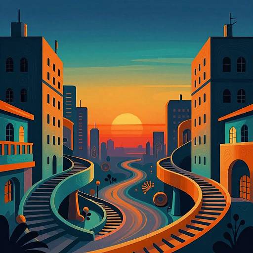 Digital illustration of a vibrant, sunset cityscape with curving, neon-lit stairway, tall buildings, and a winding road leading to a bright