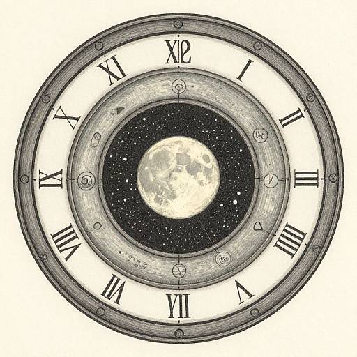 Digital illustration of a clock face with Roman numerals, centered on a glowing full moon set in a starry night sky.