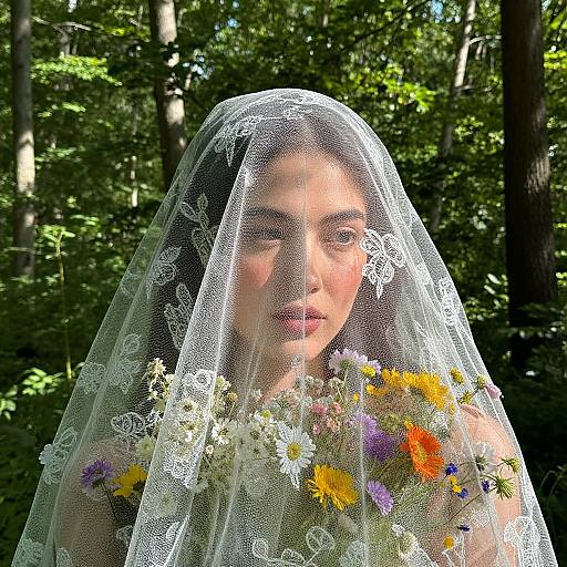 Photograph of a young woman with light brown skin and dark hair, wearing a white lace veil adorned with floral wreath, standing in a sunlit