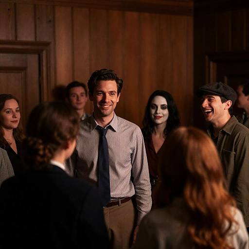 Smiling Group in Dimly Lit Wooden Room
