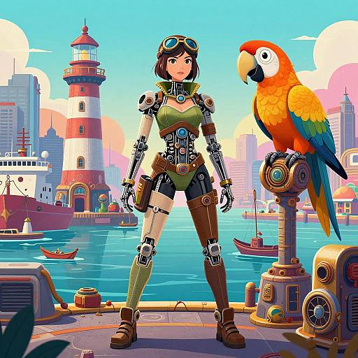 Digital art of a cyberpunk-style woman with robotic limbs, goggles, and brown hair, standing on a dock with a colorful parrot, overlooking a
