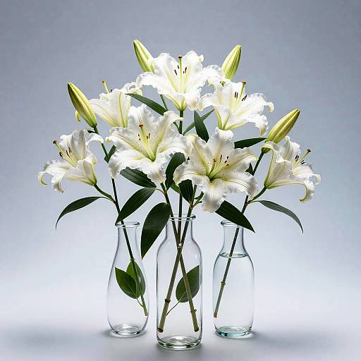 Glowing White Lilies in Glass Vases