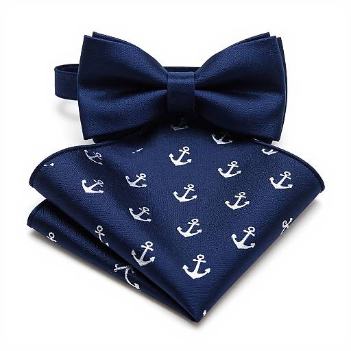Photograph of a dark blue satin bow tie with white anchor patterns, featuring a large bow at the top.