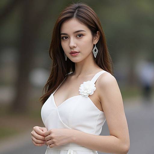 Photograph of an Asian woman with long brown hair, wearing a white sleeveless dress with a floral detail, and diamond-shaped earrings, standing outdoors with