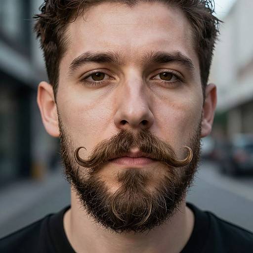 Close-up photograph of a bearded man with a distinctive curled mustache, brown hair, and serious expression, standing on a blurred urban street.