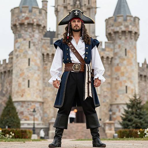 Photograph of a bearded man in a pirate costume with tricorn hat, white shirt, black vest, and brown belt, standing in front of
