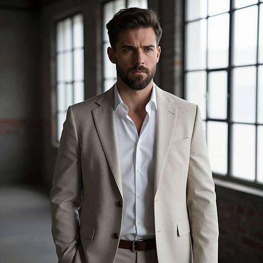 Photograph of a serious, bearded man with dark hair, wearing a light beige suit and white shirt, standing in a dimly lit, industrial