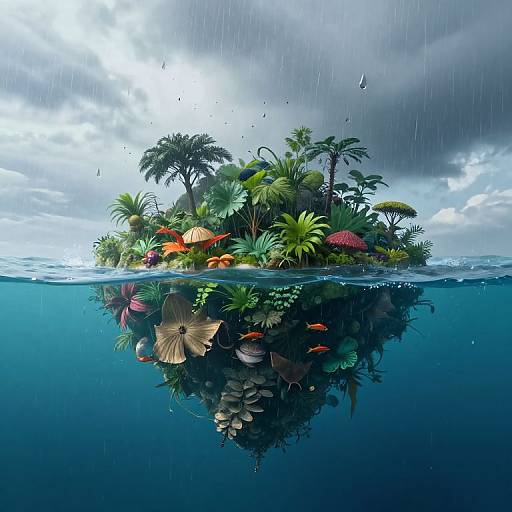 Surreal Floating Island with Inverted Rain