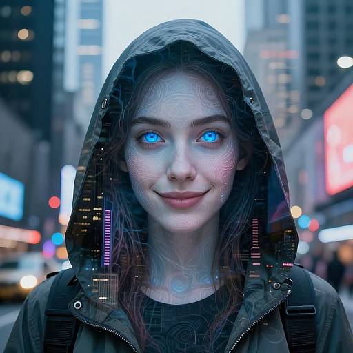 Digital art of a smiling woman with glowing blue eyes, wearing a hooded jacket, set against a bustling city street backdrop.