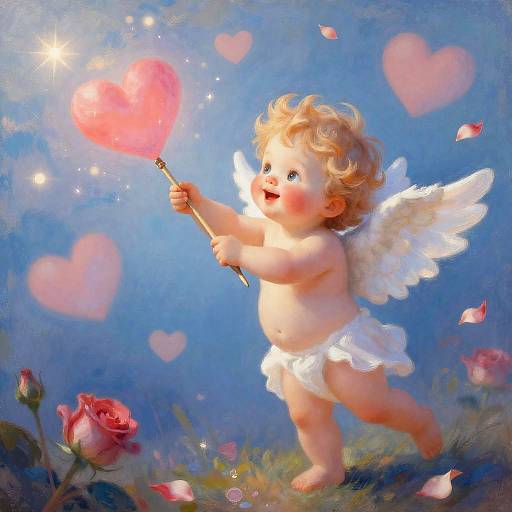Valentine's Impressionist Cupid with Floating Hearts