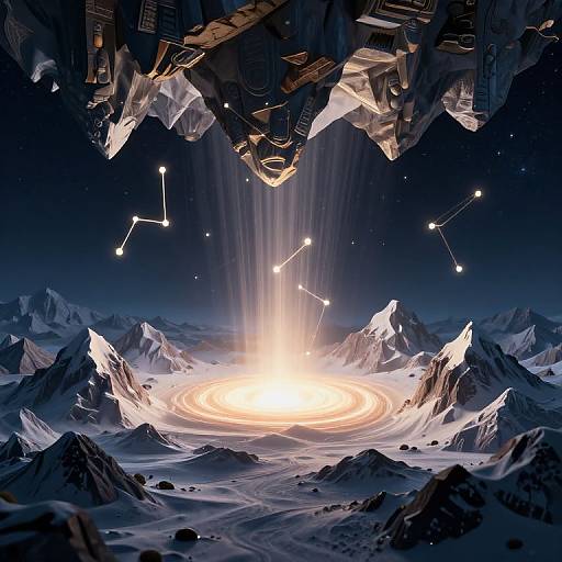 Digital artwork: Bright, glowing celestial event over snow-capped mountains with star constellations, illuminated by intense light beams from a luminous ring.