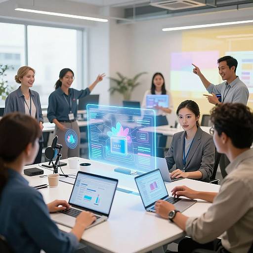Photograph of diverse, professional team in modern office, engaging in tech-focused discussion around glowing laptops and digital screens. Bright, open space with white walls