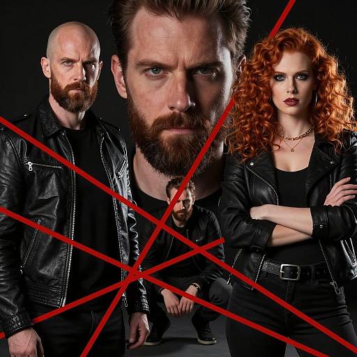 Three People in Dark Stylized Portrait with Red Lines