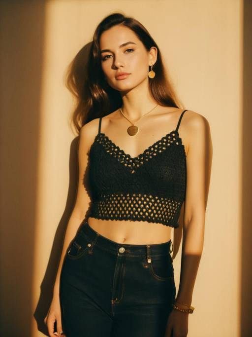 Young Woman in Black Crocheted Crop Top