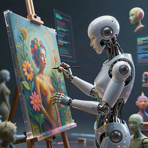 Photorealistic CGI of a silver robotic artist painting a vibrant, flower-adorned female portrait on canvas in a futuristic studio.