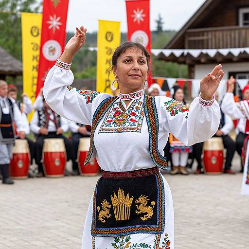 Photograph of a middle-aged woman in traditional white and black embroidered folk dress, arms raised, standing in front of a colorful festival backdrop with drummers