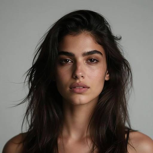 Photograph of a young woman with long, disheveled black hair, dark eyes, and natural makeup, against a plain gray background.