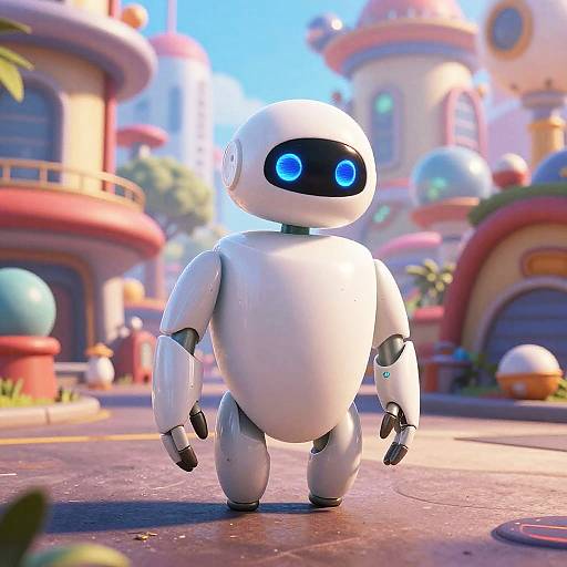 CGI image of a cute, white, spherical robot with blue glowing eyes walking in a colorful, whimsical, fantasy cityscape.