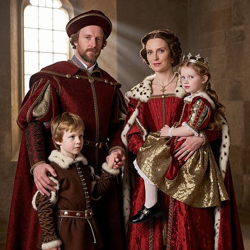 Photograph of a medieval royal family: bearded father in red velvet robe, mother in red fur-trimmed gown, crowned daughter, and son