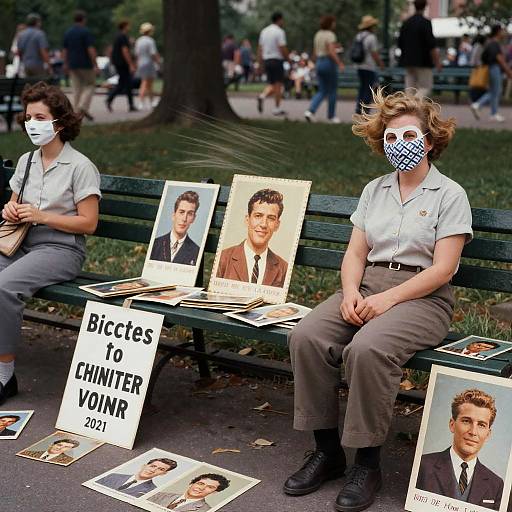 Photograph of two women in white uniforms and skull masks, sitting on a bench in a park with 