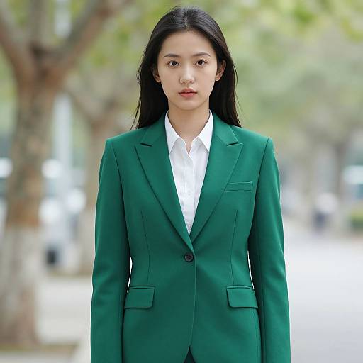 Photograph of an Asian woman with long black hair, wearing a green blazer and white shirt, standing outdoors with a blurred tree-lined background.