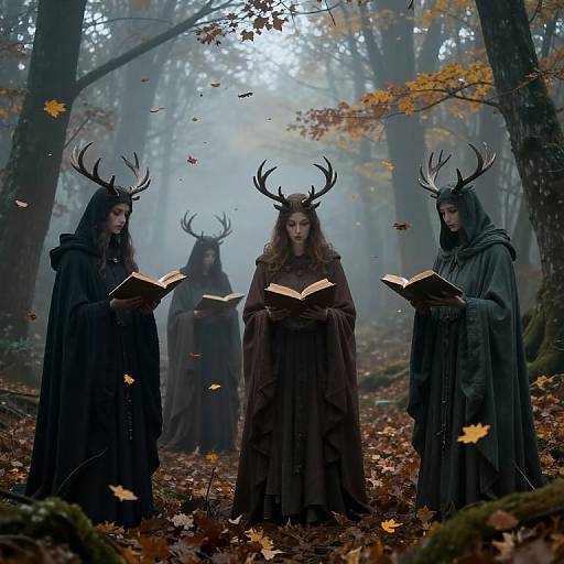 Photograph of four mystical, cloaked women with deer antlers, reading open books in a foggy, autumn forest with falling leaves.
