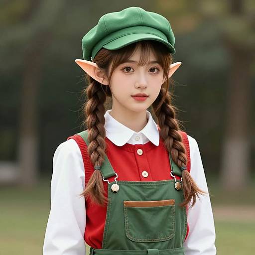 Digital photo of an anime-style girl with elf ears, green cap, red and green pinafore dress, white shirt, braided brown hair,