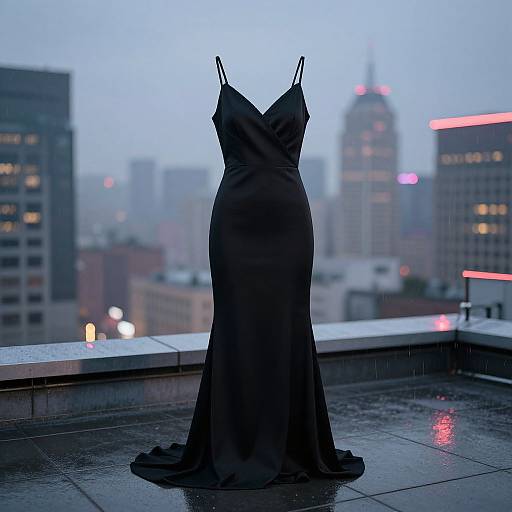 Modern Black Dress on Neon Rooftop